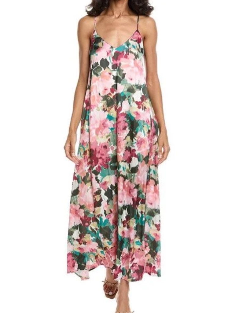 Tahari Asl Pink Green Abstract Watercolor Floral Satin Maxi Slip Dress Medium
